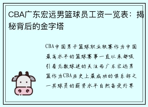 CBA广东宏远男篮球员工资一览表：揭秘背后的金字塔